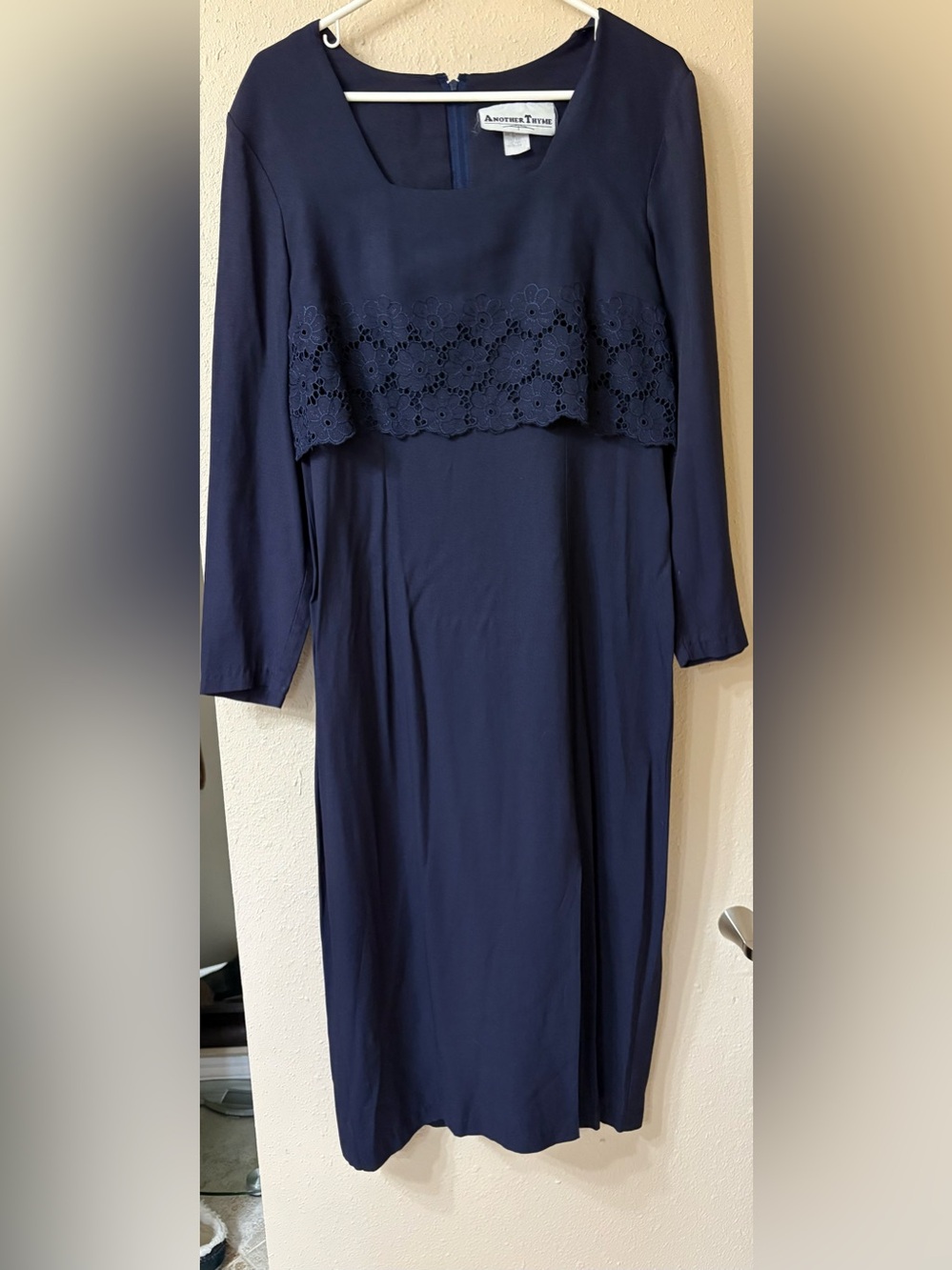 Another Thyme 1990’s Navy Long Sleeve Midi Dress with Crochet Overlay